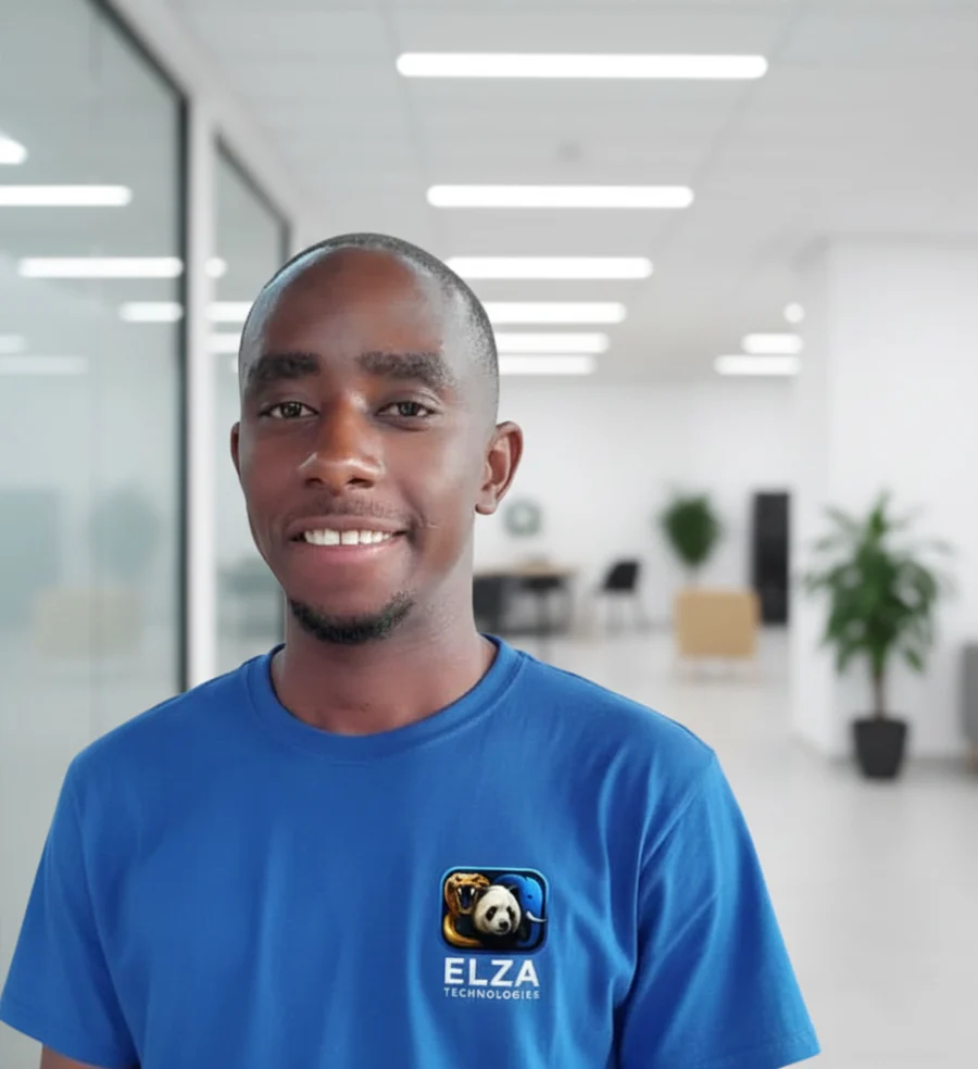 Trevor Mhlanga wearing an Elza Technologies shirt